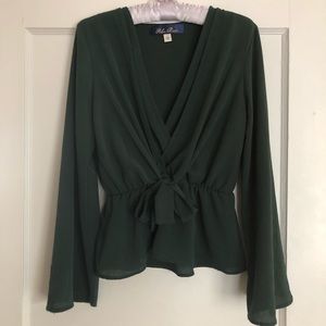 Faux Wrap Bell Sleeve Tie Waist Top - S